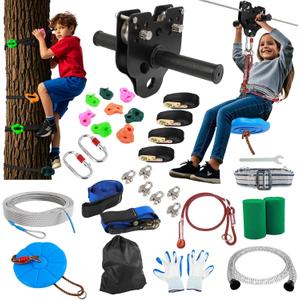 Zipline for Backyard Kids and Adults: 200FT Up to 400 lbs - Updated Removable Design Trolley,Thickened Seat,Safety Harness,Quick Tighten Zipline Kits for Outdoor