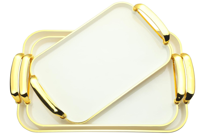 3 Pack Serving Tray with Handles, Stackable Reusable Trays for Serving Food, Plastic Serving Platters for Party, Charcuterie, Fruit, Appetizer, Cream Gold