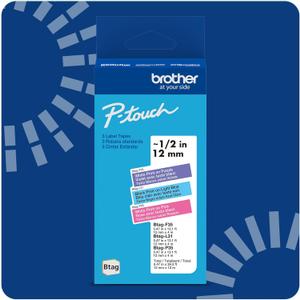 Brother Genuine P-Touch Btag Label Tape, BTAG3M02, 0.47 in by 13.1 ft, White on Purple, Black on Light Blue, White on Pink, 3-Pack. (Works Only with Brother PT-N10, PT-N20, PT-N25BT Label Makers)