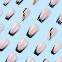French Tip Press on Nails Medium Square Fake Nails Black False Nails with Silver Line Glitter Design Stripe Coffin Full Cover Artificial Acrylic Nails Pink Glue on Nails for Women Girls Manicure
