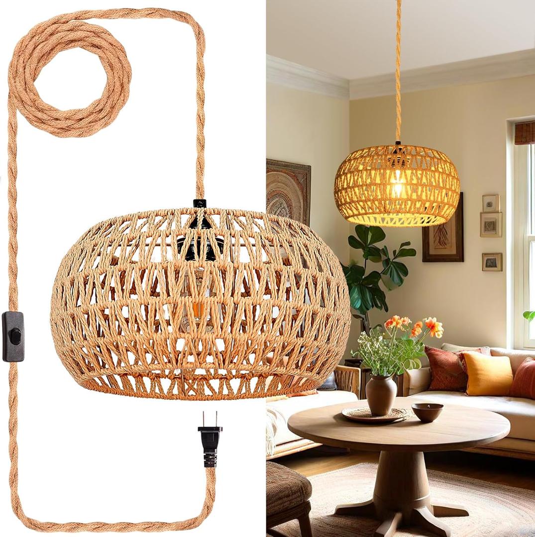 Hanging Lights with Plug in Cord Rattan Hanging Lamp Boho Ceiling Light Fixtures Farmhouse Pendant Lamp Shape for Living Room Bedroom Kitchen (12.6 Inch-Drum Shade)