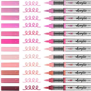 Mifuner Acrylic Paint Pens Set,12Colors Soft Brush Tip Acrylic Paint Markers, Direct-Liquid Ink System,Colored Marker Pen for Rocks,Wood,Ceramic,Canvas, Eggs DIY Painting Art Supplies.Pink