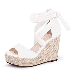 Womens Espadrilles Wedges Sandals Heels Open Toe Tie Lace Up Platform Ankle Strap Summer Dress Shoes (Size 8, White)