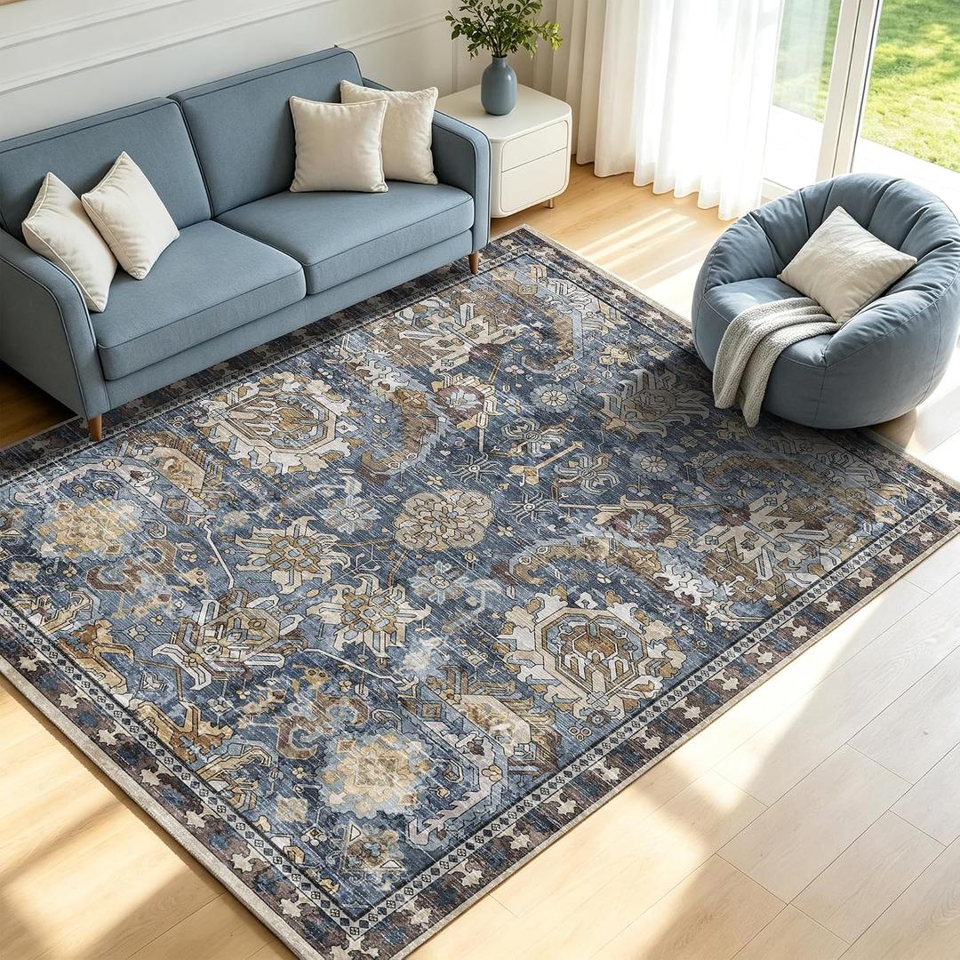 Washable Area Rugs - Perfect for Living Room, Bedroom, Kids Room, Nursery - Stain & Water Resistant Non-Slip, Pet & Child Friendly, Vintage Tribal Area Rugs (Navy, 5' x 7')