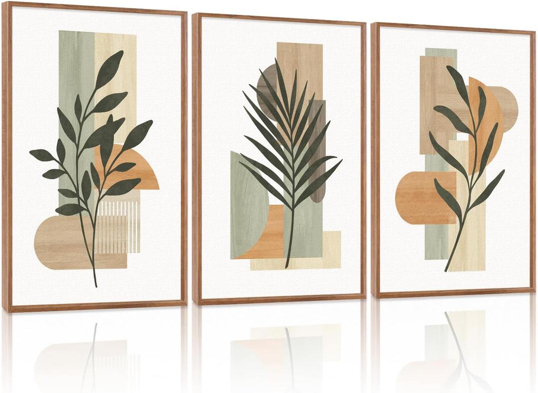 CHDITB Boho Botanical Geometric Framed Canvas Wall Art Set, Abstract Plant Figure Wall Decor, Sage Green Terracotta Wall Painting, Modern Minimalist Art Prints for Living Room Bedroom Office 16"x24"x3