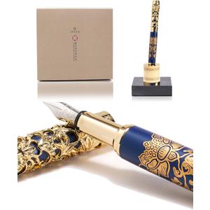 Luxury Fountain Pen Set With Stand - Museum Art Collections - Crafting Timeless Beauty - the Best Gift & Office Desk Decor, German SCHMIDT Fine Nib, Solid Metal & Marble Texture (Blue & Gold)