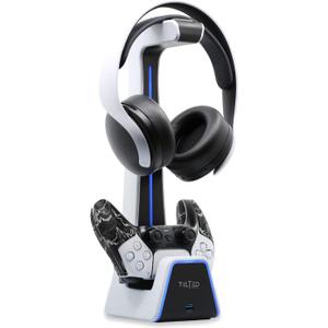 Tilted Nation Gaming Headset and Controller Stand | Premium PS5 Accessories (Clean Space with Charging Station) Headphone and Controller Holder for Desk, PlayStation 5, Xbox Game, (White)