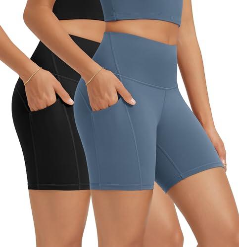 Pack of two ODODOS High Waist Workout Shorts with Pockets for Women 6"/8" Inseam Tummy Control Gym Athletic Biker Shorts Blue and Blue Size S