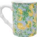 Lilly Pulitzer Cute Coffee Mug with Lemon Pattern, Ceramic Tea Cup with Bamboo Handle, Make Lemonade
