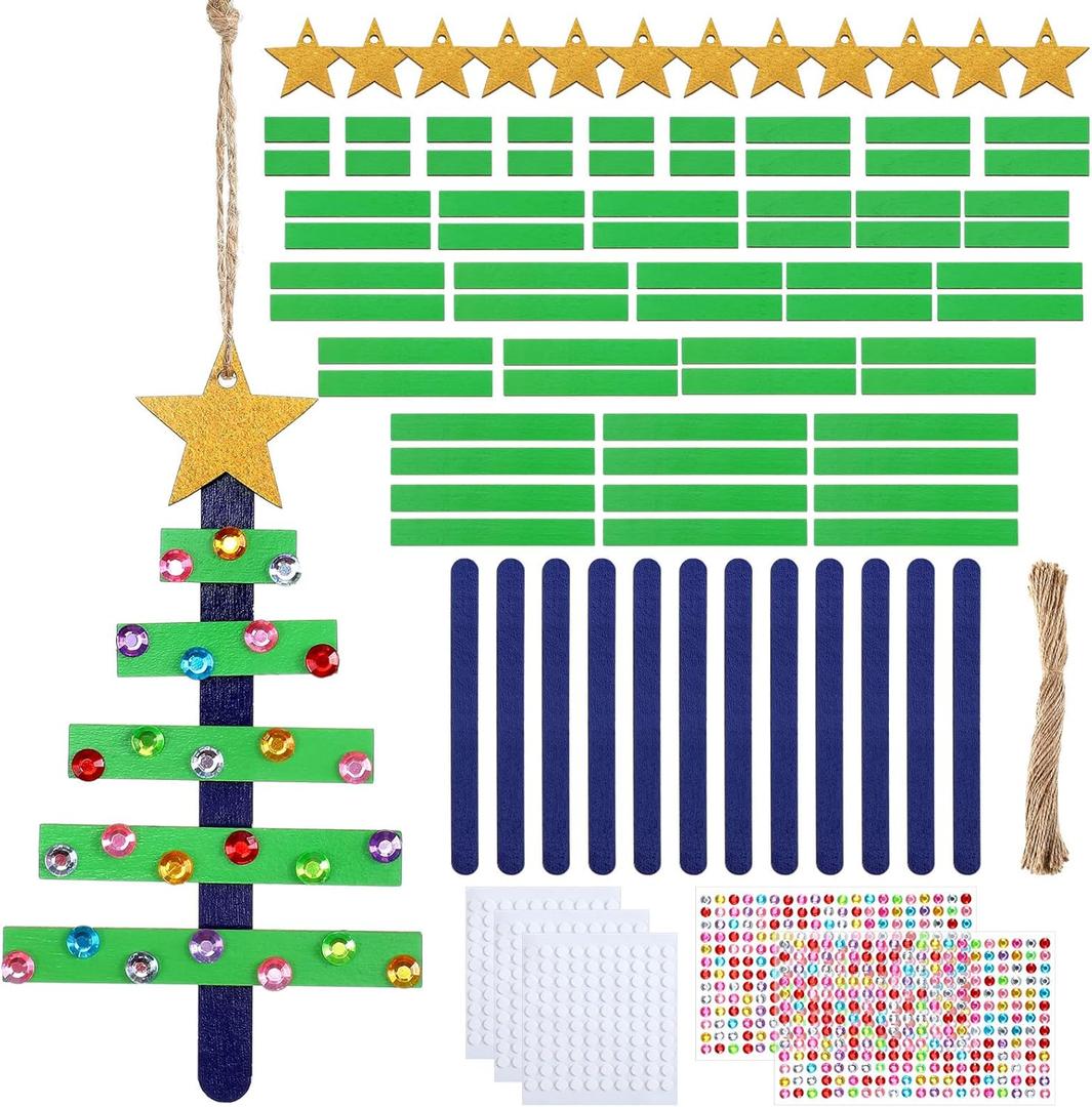 Colingmill 12 Pcs Christmas Trees Stick Craft Kit Wooden Christmas Ornament Arts and Craft Winter Ornaments for Xmas DIY Classroom Home Activities