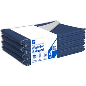 Medline Washable Bed Pads for Incontinence, Large 34 x 36 inch Reusable Underpads, 4 Pack, Pee Pads for Dogs, Adults, Kids and Baby, Navy with Gray Top Sheet