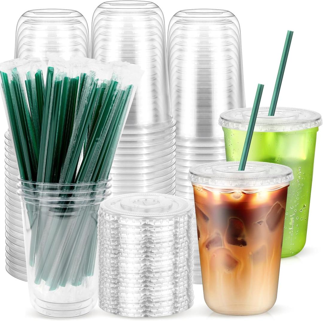 50PCS 14 oz Clear Plastic Cups with Lids and Dark Green Straws, Round Bottom Disposable To Go iced Coffee Cups, BPA Free Bubble Tea Smoothie Cups for Coffee Shops, Picnic, Takeout, Party, Office (EXP 02/29/36)