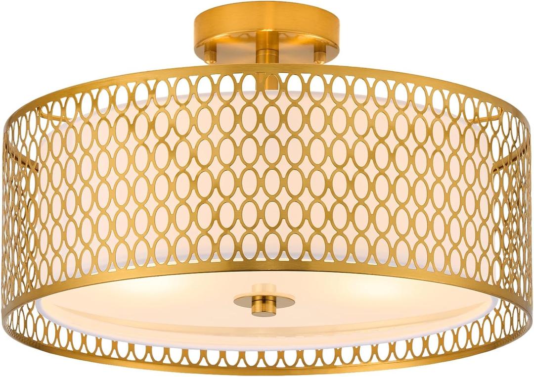 17" Semi Flush Mount Ceiling Light Fixture, 3-Light Gold Light Fixture, Close to Ceiling Light Fixture with White Fabric Lampshade and Gloden Iron Mesh Cage for Dining Room Living Room Bedroom