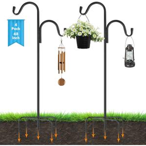 4 Pack 48 Inch Adjustable Double Shepherds Hooks for Outdoor 2 Sided Bird Feeder Poles with 5 Prong Base Heavy Duty Metal Garden Hook for Hanging Flower Basket Lantern Plants Bird Nests Decor 