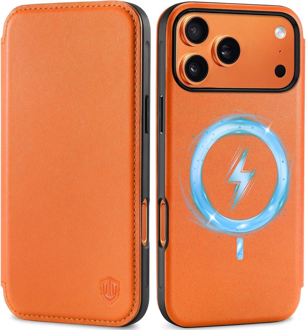 SHIELDON Slim Case Wallet for iPhone 17 Pro Max 6.9-inch 2025 | Genuine Leather, Wireless Charging, Folio Magnetic Closure, RFID Blocking Credit Card Holder, Shockproof Phone Cover - Orange