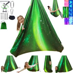 Sensory Swing for Kids and Adults Indoor & Outdoor Double Layer Therapy Cuddle Holds up to 300lbs Adjustable Hammock Chair with 360 Swivel Hanger Kit Effect for Aspergers Autism ADHD(Green)