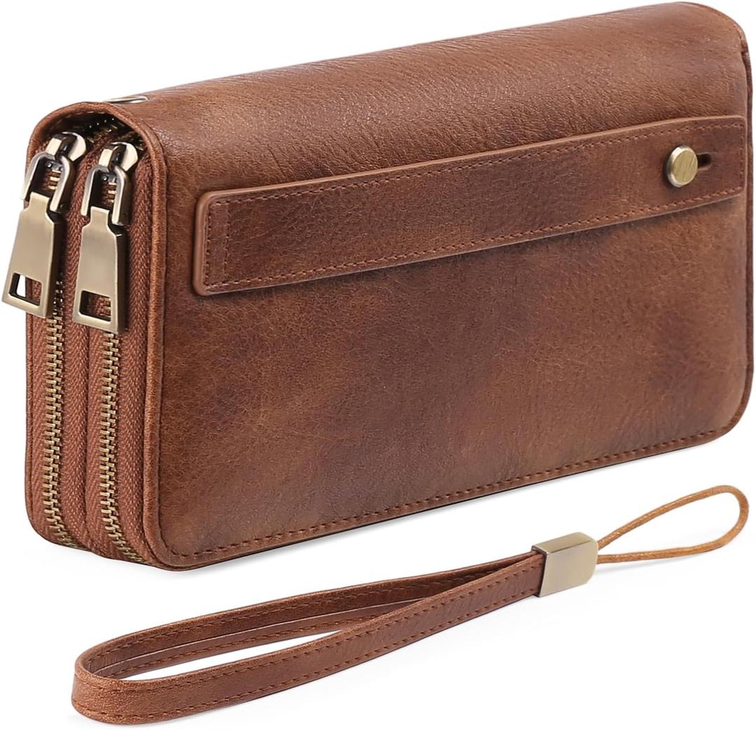 GAEKEAO Wallet for Women Clutch RFID Blocking Wristlet Leather Purse Large Capacity Credit Card Holder with Grip Hand Strap (A01 Retro Brown Tan)