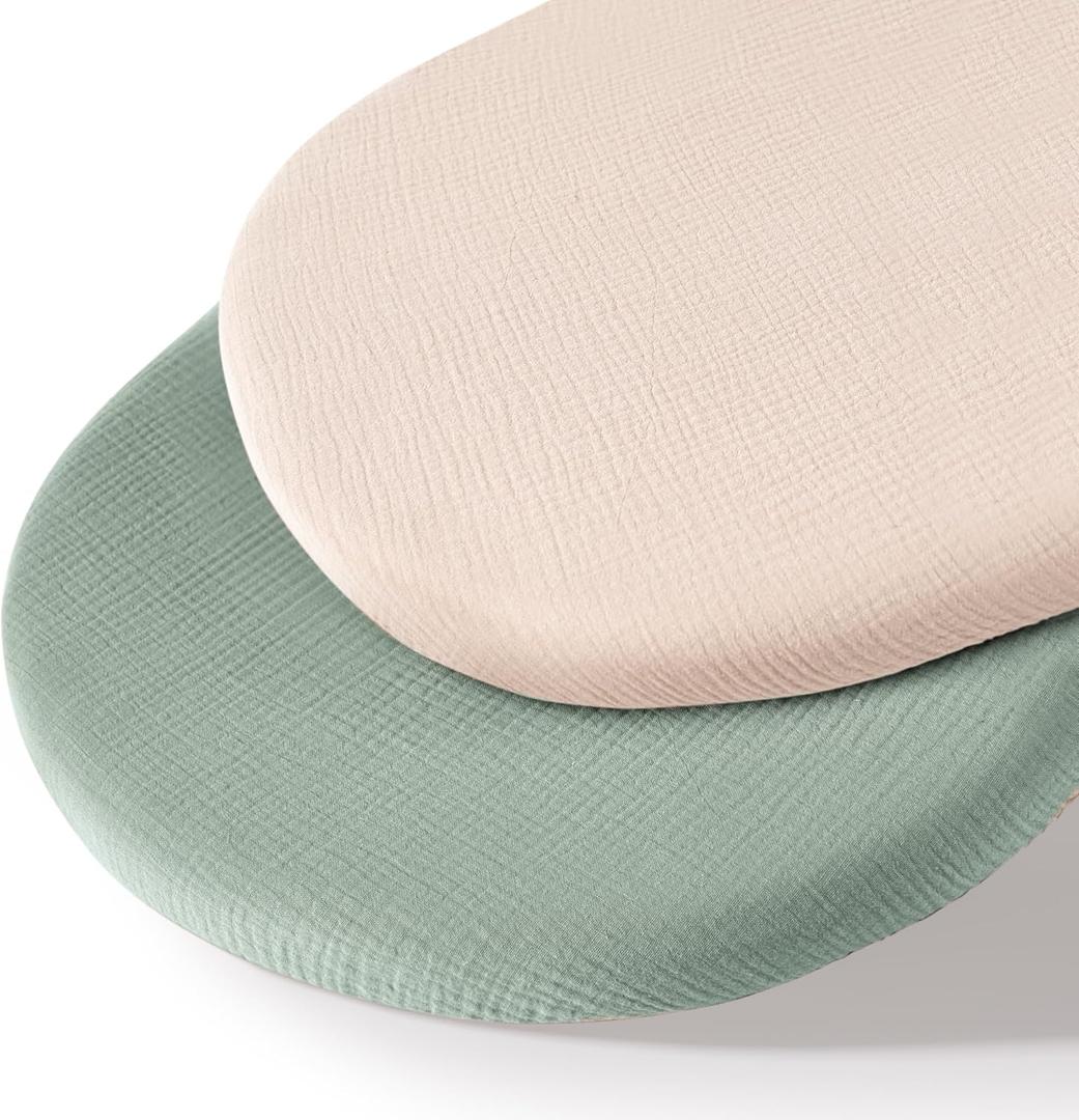Muslin Bassinet Sheets for Babies  Soft & Breathable 100% Cotton Fitted Sheets for Oval, Rectangle, Hourglass Bassinet Mattress Pads, 2-Pack (Ivory & Pink) (Green)
