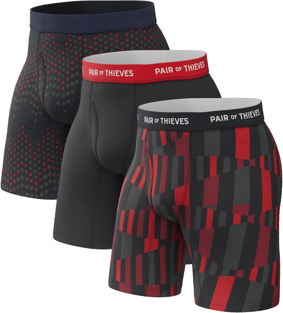 Pair of Thieves Super Fit Long Boxer Briefs for Men - Ultra Soft, Breathable, Quick-Dry Underwear 4-Way Stretch (2 & 3 Pack) (Medium, Classic Black / Raven Red)