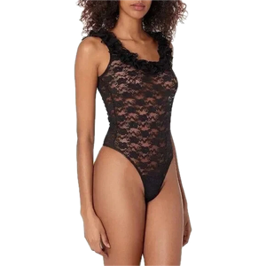 Sheer Black Lace Ruffle Thong Bodysuit, Size Small