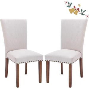 COLAMY Upholstered Fabric Dining Chairs Set of 2, Parsons Dining Room Kitchen Side Chair with Nailhead Trim and Wood Legs - Beige