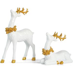 2PCS Christmas Deer Pendant Bedding and Standing Gold Deer Resin Home Decoration Suitable for Fireplace Living Room Dining Table Christmas Decoration (White)