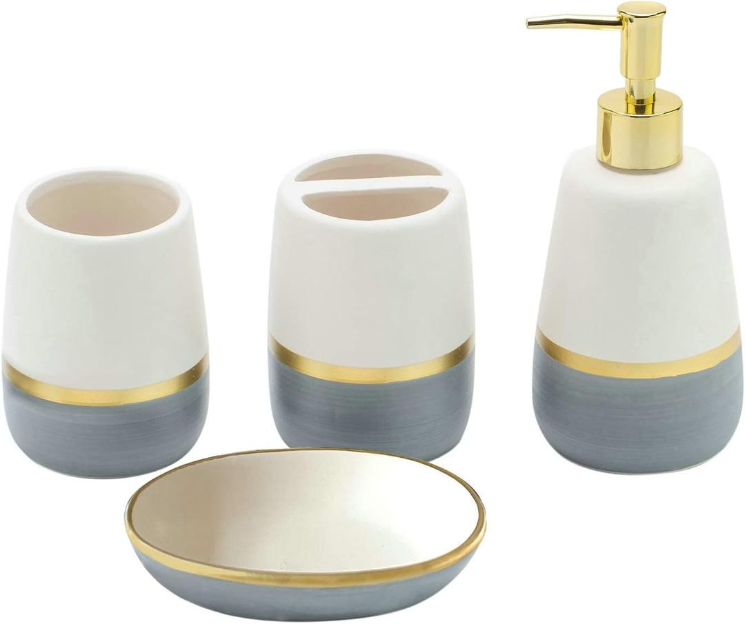 Grey Gold Bathroom accesory Set 4pc,Ceramic Bathroom Accessories Set Gray Bathroom Decor countertop Organize Include Toothbrush Holder soap Dispenser soap Dish Tumbler Cup Best Gift for Bath Storage