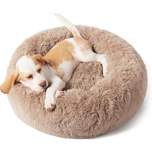 Bedsure Calming Dog Bed for Small Dogs - Donut Washable Small Pet Bed, 23 inches Anti-Slip Round Fluffy Plush Faux Fur Large Cat Bed, Fits up to 25 lbs Pets, Camel (23.0"L x 23.0"W x 8.0"Th)