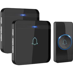 AVANTEK Wireless Doorbell, Waterproof Door Bell Chime Operating at over 1300 Feet, Classroom Doorbell with 52 Melodies, CD Quality Sound and LED Flash, 1 Button + 2 Plug-in Receivers, D-3B (Black)