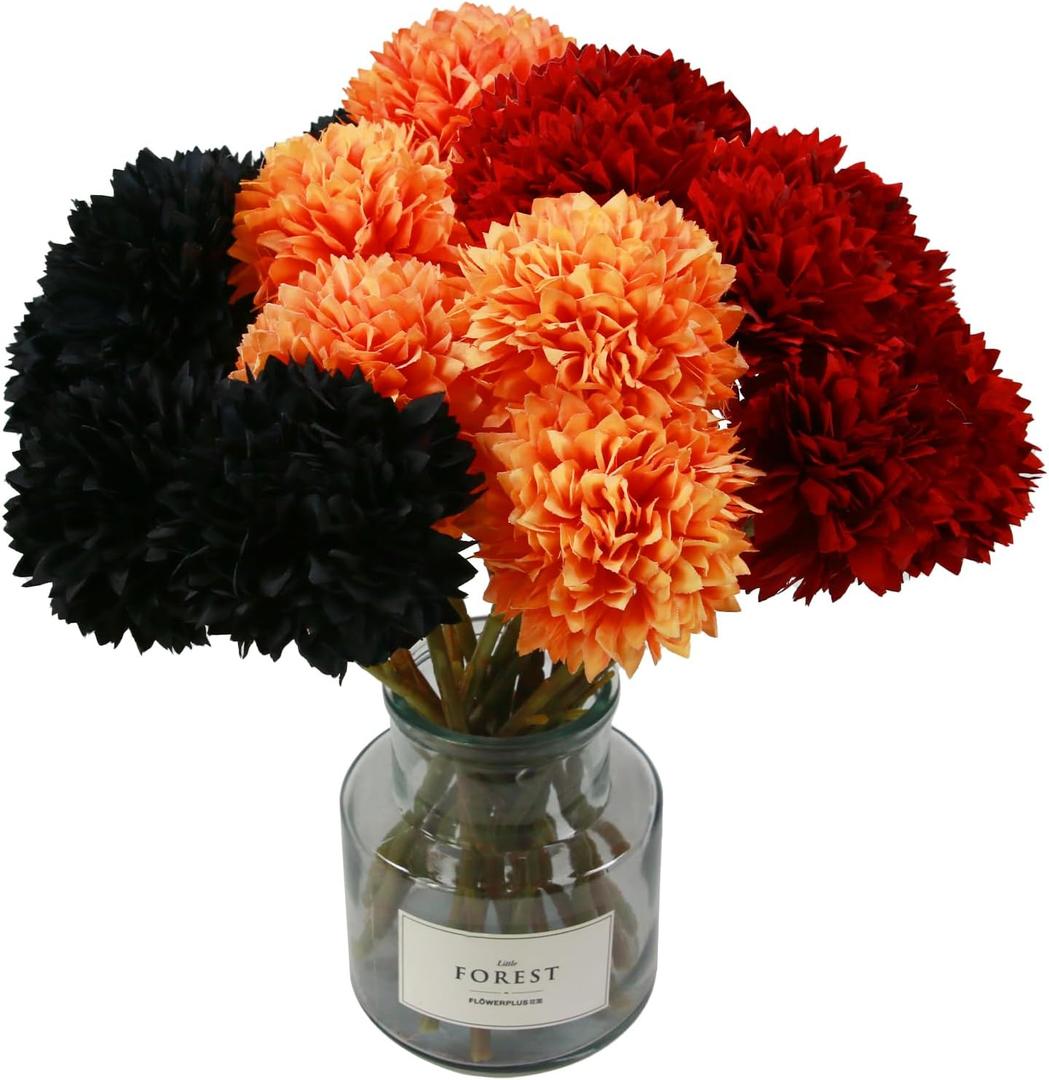 Tinsow Artificial Flowers Faux Ball Chrysanthemum Bouquet Flowers Bridal Wedding Bouquet for Home Garden Party Wedding Decoration (12, Black, Red, Orange)