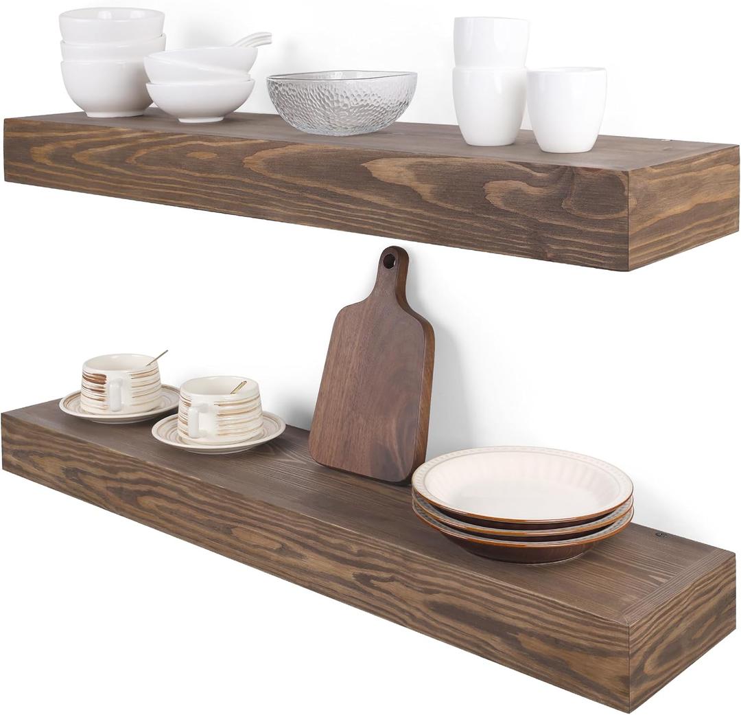 Floating Shelves 3 inch Thick for Wall Set of 2,Solid Pine Wood Wall Mount Shelf for Kitchen Living Room Bedroom Bathroom,8" D x 36" L x 3" H-Black Walnut