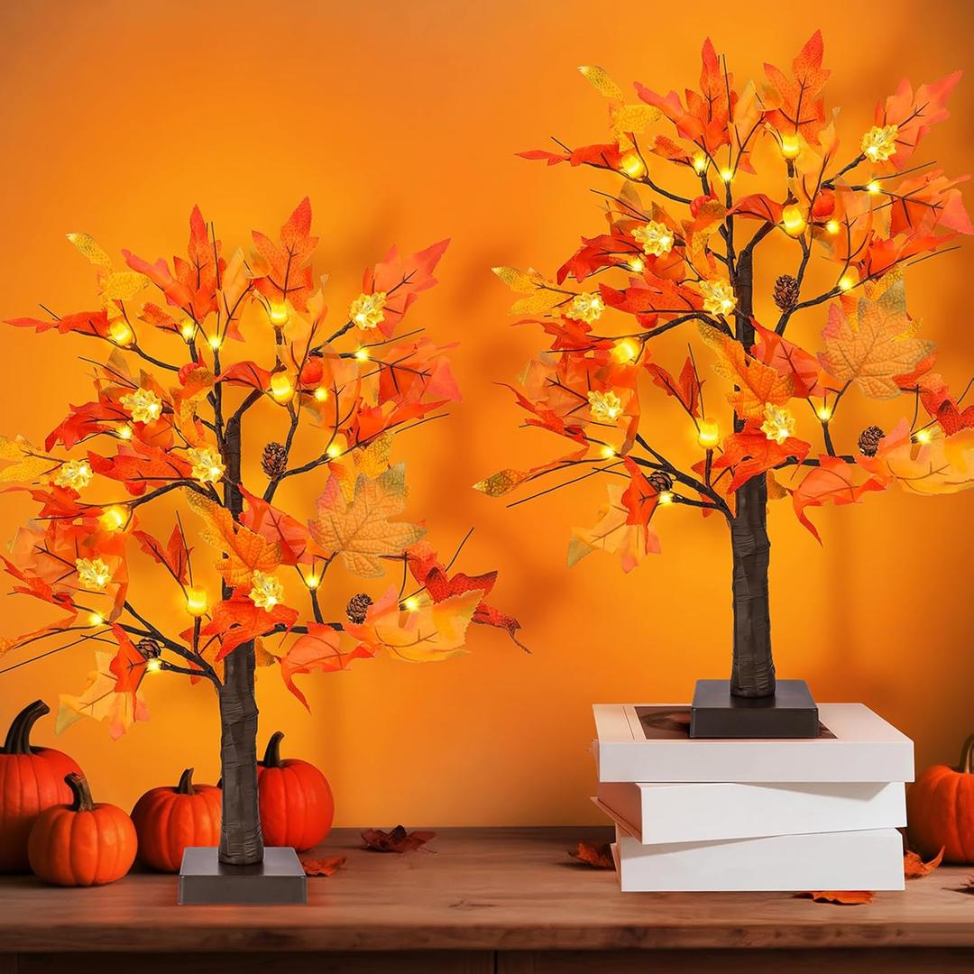 2Pack 24 Inch Maple Trees Fall Thanksgiving Decorations, Lighted Artificial Fall Tree with Lights, Thanksgiving Table Centerpieces Decoration Friendsgiving Decor for Home Office Indoor