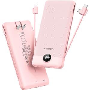 VEGER Portable Charger with Built-in AC Plug and Cables, All in One 10000mAh Ultra Slim Power Bank Travel Essentials, Fast Charging Battery Pack Compatible with iPhone, Samsung, Android (Crepe)