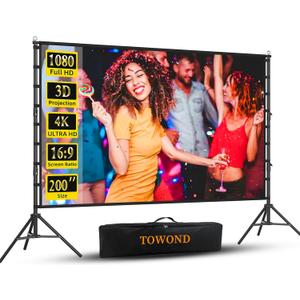 Outdoor Projector Screen with Stand, TOWOND 200 Inch Portable Projection Screen - Dual-Sided 16:9 4K HD Movie Screen, Wrinkle-Free Design & Carry Bag for Backyard Cinema