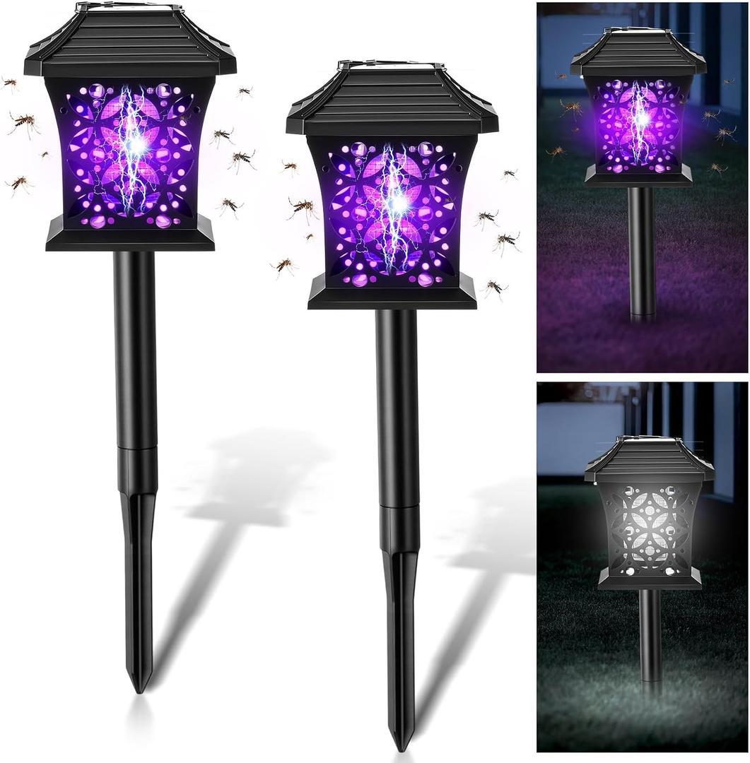 2 Pack Solar Bug Zapper Outdoor Mosquito Repellent with 365nm UV Light, 2 Light Modes & 4 Installation Ways, Waterproof Fly Zapper Lamp for Moths,Gnats,Flies Indoor Patio Garden(Fashion)