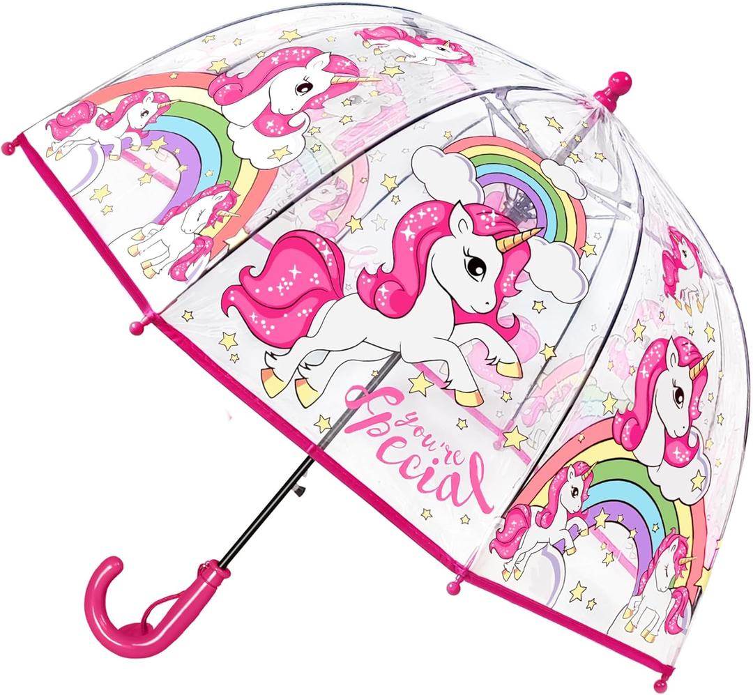 RONIARE Kids Umbrella Clear Bubble Umbrellas for Rain,Safety Dome Windproof Umbrella for Kid Girls and Boys (A3-Unicorn Pink)