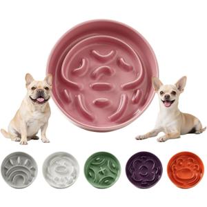 Ceramic Slow Feeder Dog Bowl - Feeding Dish for Fast Eaters - Maze Dog Bowl to Slow Down Eating - Ideal Food Control Dish for Small Breeds - 0.8 Cups (80g) - 6.3 Inch - Pink