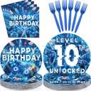 96Pcs Level 10 Birthday Party Decorations Boy 10 Years Old Plates and Napkins Blue Video Game Tableware Set for Boys Gamer Gaming 10th Birthday Party Supplies, Serves 24