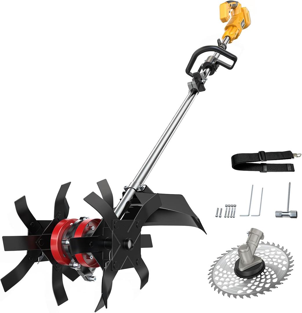 Cordless 2-in-1 Tiller Cultivator & Weed Wacker Compatible with Dewalt 20V Battery (Tool Only), 500RPM Ecarke Electric Garden Tiller String Trimmer, 9" Tilling Width 9.4" Depth for Soil Cultivation