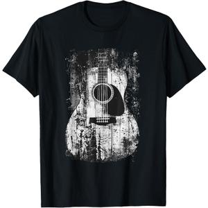 Acoustic Guitar, Vintage, Distressed, Rock & Roll Music. T-Shirt (Small, Black)