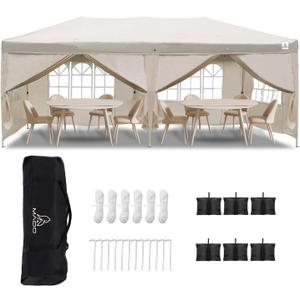 MAOO 10x20 Pop Up Canopy Tent with Transparent PVC Windows & Pinch-Free Thumb Latch, Heavy Duty Party Tent with 6 Removable Sidewalls for Outdoor Parties Weddings and Trade Shows, Beige