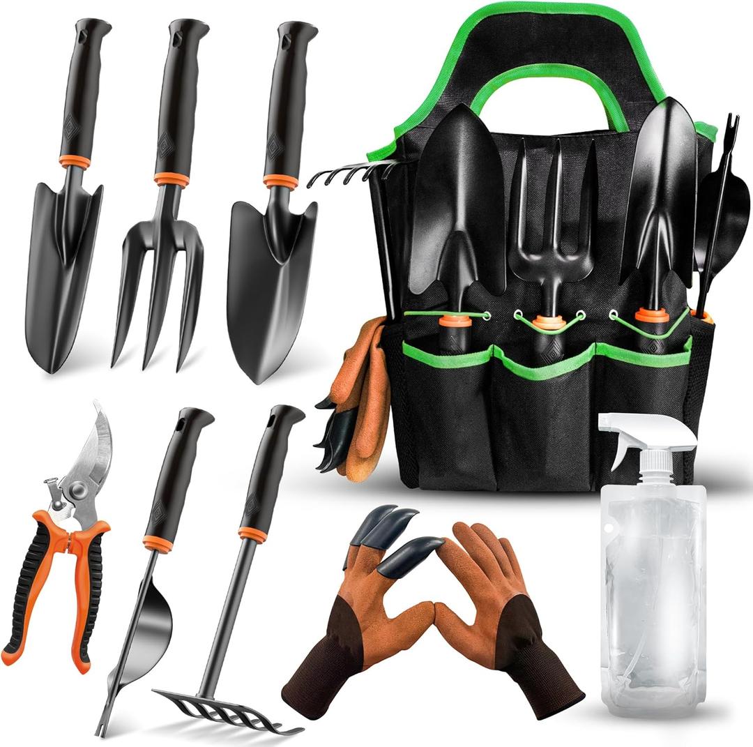 LEDERA Garden Hand Tools for Gardening 10 PCS: Garden Tools Set, Heavy Duty Gardening Tools Outdoor, Gardening Tools Gifts for Women, Gardening Gloves, Rake, Shears, Weeder, with Tool Bag, Green