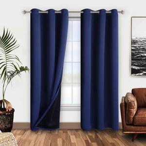 WONTEX 100% Thermal Blackout Curtains for Bedroom - Winter Insulating Window Curtain Panels, Noise Reducing and Sun Blocking Lined Grommet Curtains for Living Room, Navy Blue, 42 x 72 inch, 2 Panels