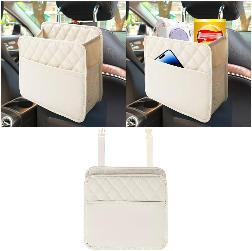 Mandark Car Seat Back Organizer, PU Leather Automotive Backseat Hanging Storage Pocket, Multipurpose Vehicle Travel Essentials Accessories for Kids & Adults, Universal for Most Cars (Beige)