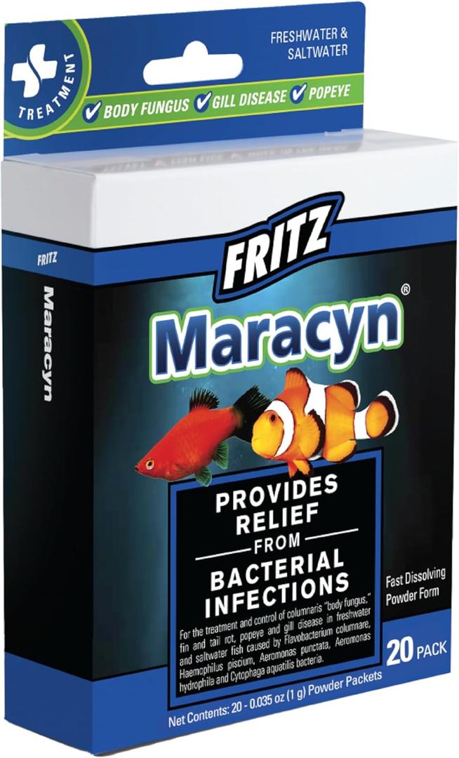 Fritz Maracyn - for Saltwater and Freshwater gram-Positive Relief from Bacterial gil, Popeye, More - Easy dose Packets, 20 Count