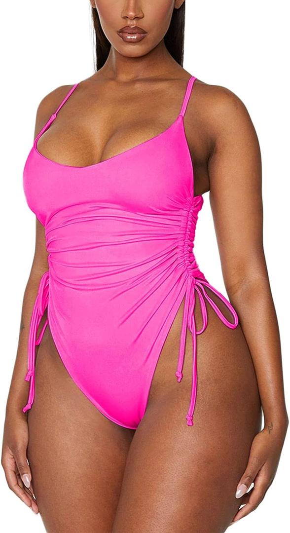 Viottiset Women's Ruched High Cut One Piece Swimsuit Tummy Control Bathing Suit Monokini (Large)