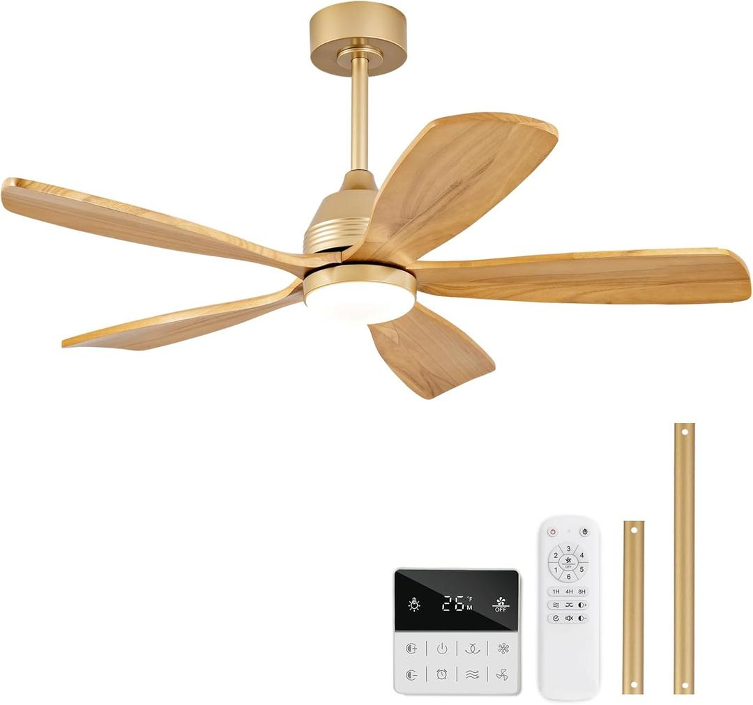 48 Inch Ceiling Fans with Lights and Remote, 5 Blades Wood Ceiling Fan with Light, Dimmable, Wall Switch, Reversible DC Motor, Modern Indoor Outdoor Ceiling Fans for Patios Bedroom (Gold) (Natural Wood Downrod Mount)