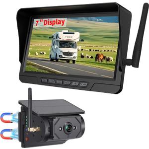 Magnetic Solar Wireless Backup Camera 7 inch Monitor DVR Looping HD 1080P 9600Amh Rechargeable Suitable for Truck Trailer Semi RV Camper Rear View Camera 1 Min Easy Install Scratch-Proof (1 Camera)