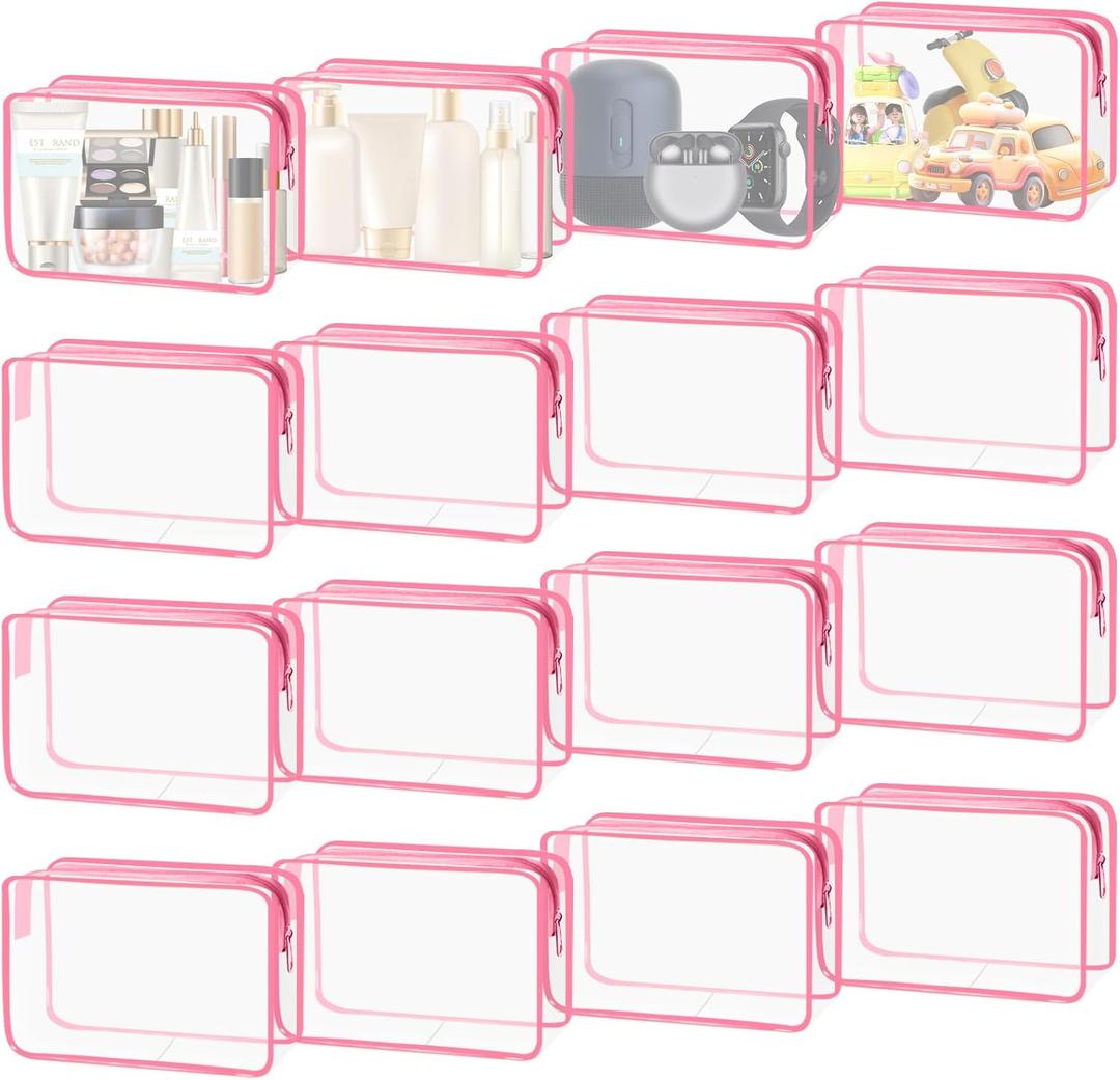 16-Piece Makeup Bags, Waterproof Toiletry Bag Carry Pouch Portable Cosmetic Bag PVCTravel Clear Pouches Carry-on Travel Essentials Transparent Storage Organizer Bag (Rose Pink-M)