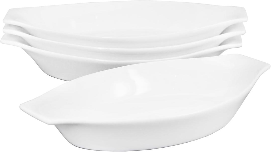 Ceramic Oval Small Au Gratin Baking Dishes 7 oz, Set of 4 Banana Split Bowls, Oven and Microwave Safe, for 1 person servings, Bakeware with Double Handle for Kitchen and Home,8.3 Inch